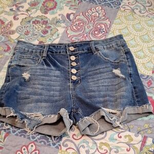 Blue High-Waisted Jean Shorts with Distressed Details. Size LARGE
